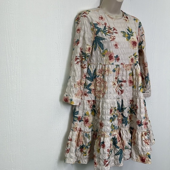Zara - Colorful Floral Tiered Boho 3/4 Sleeve Button At Neck Dress Size XS - Picture 3 of 12